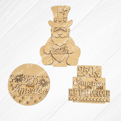 Janet's Craft Corner America 250 Mini Shelf Sitters DIY kit features laser-cut unfinished wood: Uncle Sam with "250th," a "250 Years American" plaque, and a "250th 1776-2026 We The People" sign—ideal for tiered tray displays.