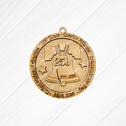The America 250 Ornament - DIY Craft Kit by Janet's Craft Corner features a gold medal with the Liberty Bell, "250," and "1776-2026" inscribed, ideal for a custom ornament or use with a wood ornament kit.
