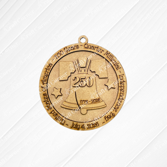 The America 250 Ornament - DIY Craft Kit by Janet's Craft Corner features a gold medal with the Liberty Bell, "250," and "1776-2026" inscribed, ideal for a custom ornament or use with a wood ornament kit.