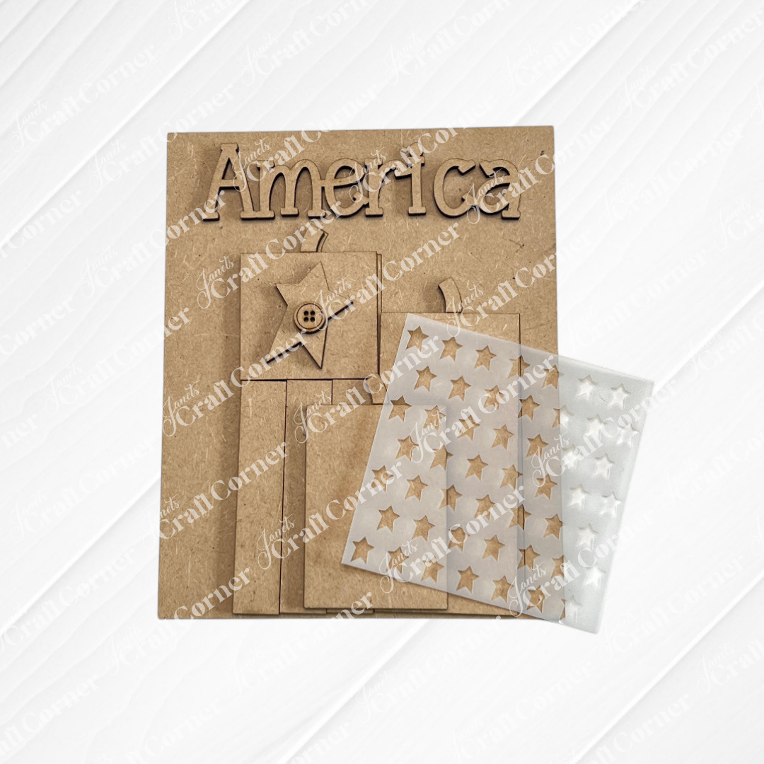 Janet's Craft Corner Patriotic Farmhouse Signs DIY kit includes laser-cut wood pieces spelling "America," a star, flag parts, and gold star stickers—perfect for spring farmhouse decor or tiered trays. Set of 1. Displayed on a white background with watermark.