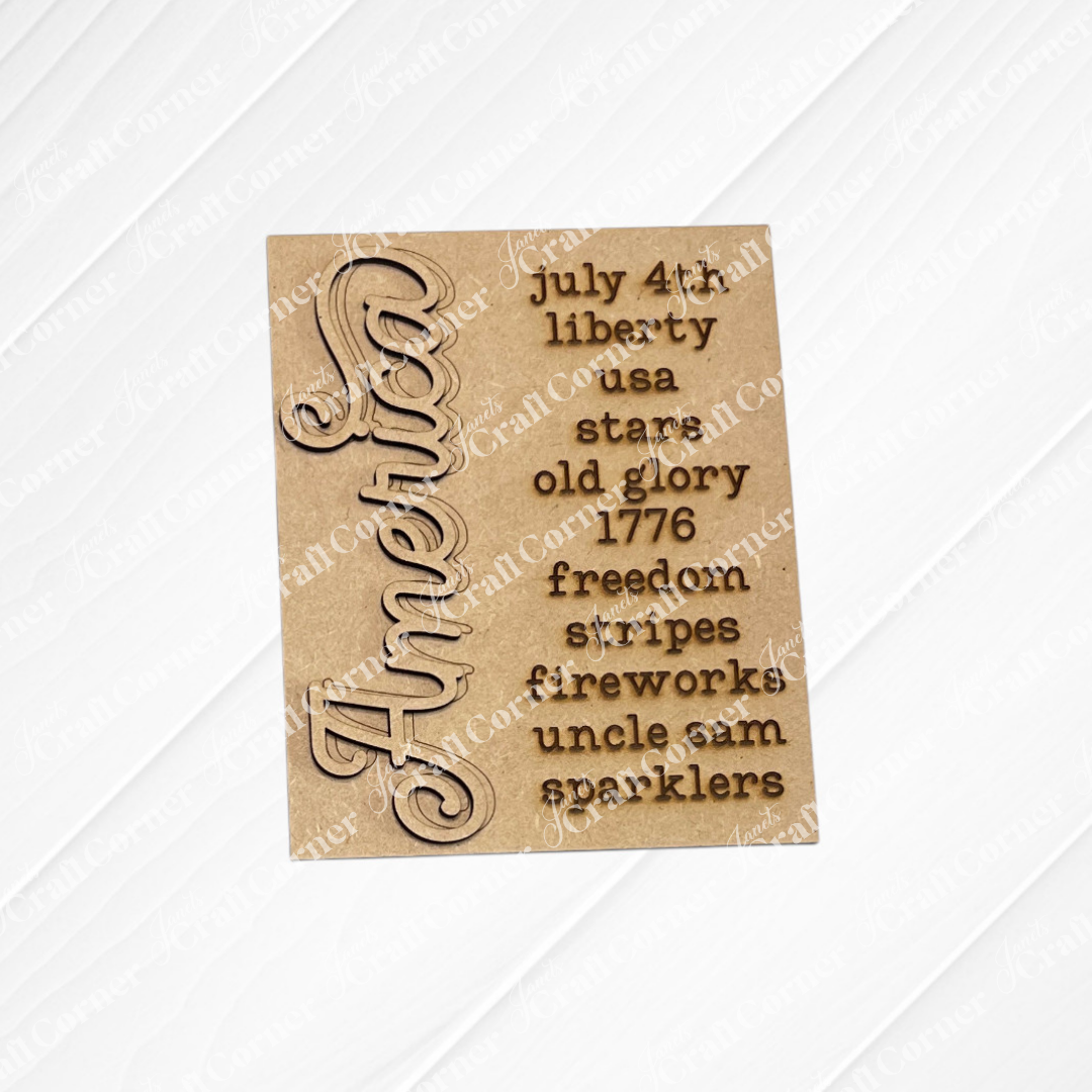 The Patriotic Farmhouse Signs DIY kit from Janet's Craft Corner features a wooden plaque with "America" in bold script and festive words like "July 4th" and "liberty." Great tiered tray decor or pair with switchable signs for patriotic flair.