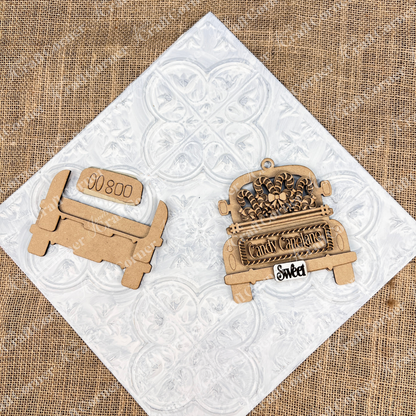 A wooden Christmas ornament rest elegantly on a textured white and burlap background. The Antique Truck Ornament from Janet's Craft Corner features the delightful phrases "Candy Cane Lane" and "Sweet"  This piece is perfect as Christmas décor or as part of a DIY Decoration Kit for crafting enthusiasts.