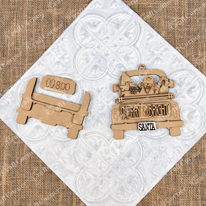 A wooden cutout kit from Janet's Craft Corner adds charm to a burlap and white patterned background.  It features an antique truck ornament design with the words "Merry & Bright" and "Santa," accompanied by a tree, snowman, and candy cane. This kit is perfect for your DIY Christmas décor project.