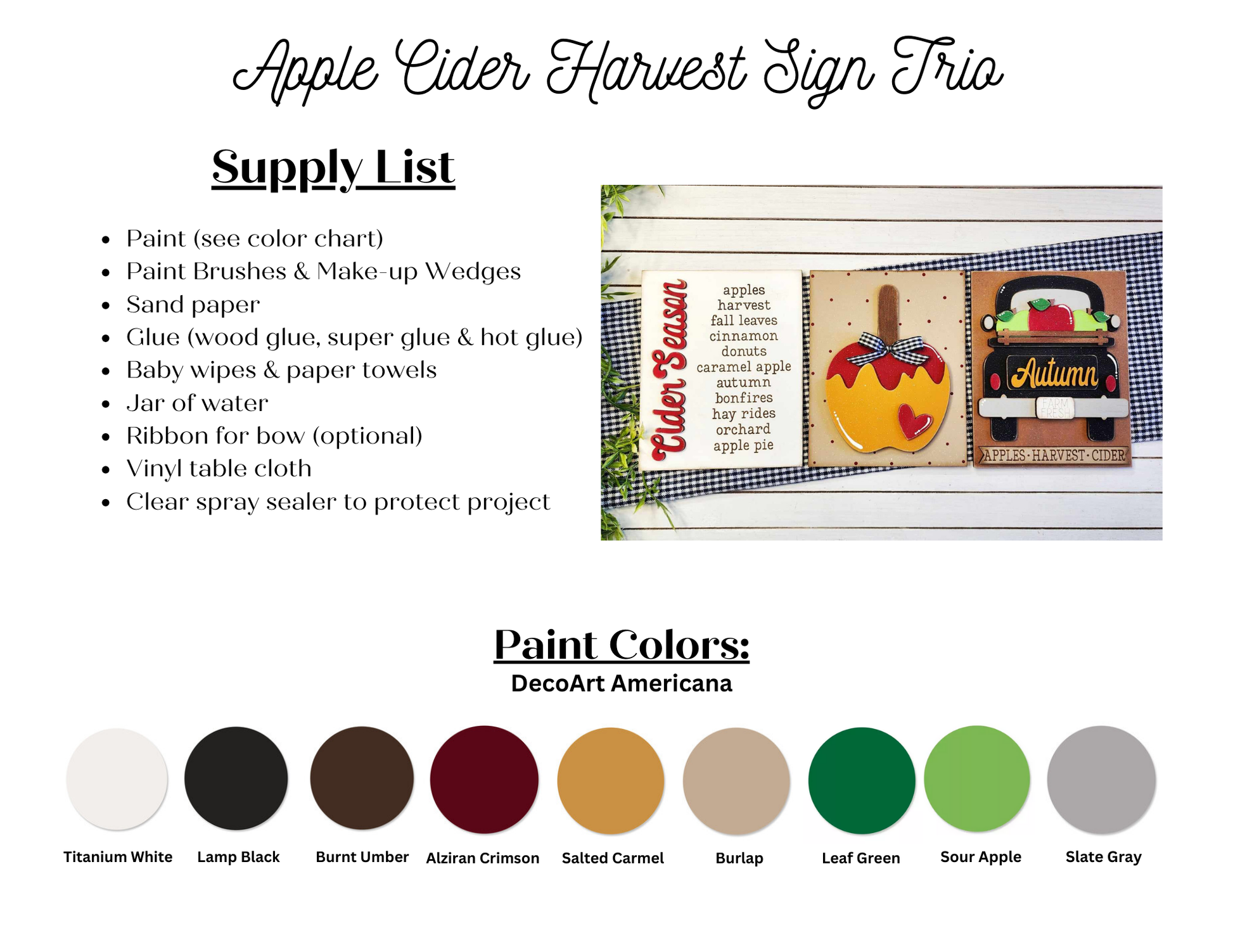 A listing of the supplies needed to complete the Apple Cider Switchable Farmhouse Sign DIY kits from Janet's Craft Corner. The listing includes the DecoArt Americana paint colors used on the sample signs.