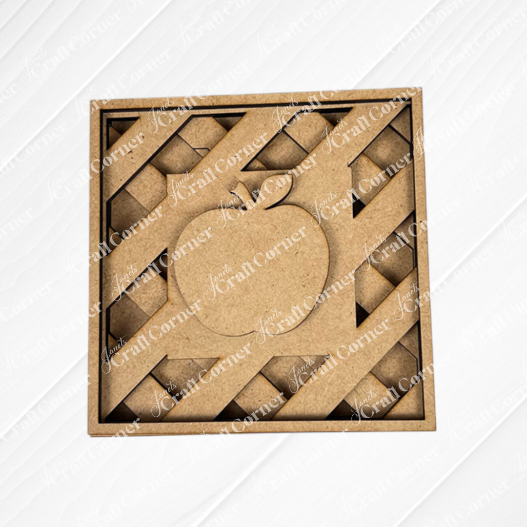 The Apple on Lattice Square by Janet's Craft Corner is a square, unfinished wooden cut-out with a lattice pie design and central apple. Perfect for DIY seasonal decor, it’s displayed on white textured patterns and burlap—ideal for small spaces.
