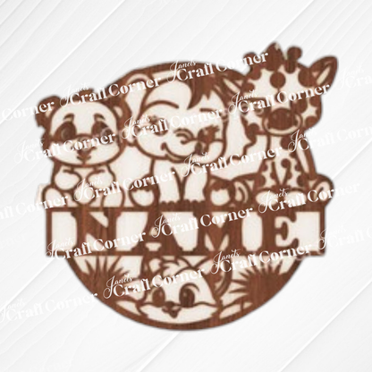 The Nursery Name Wall Hanger from Janet's Craft Corner features a wooden cutout of cartoon animals above "NICU" in bold. Great as an unfinished wood sign for DIY home decor or a wall hanger craft project.