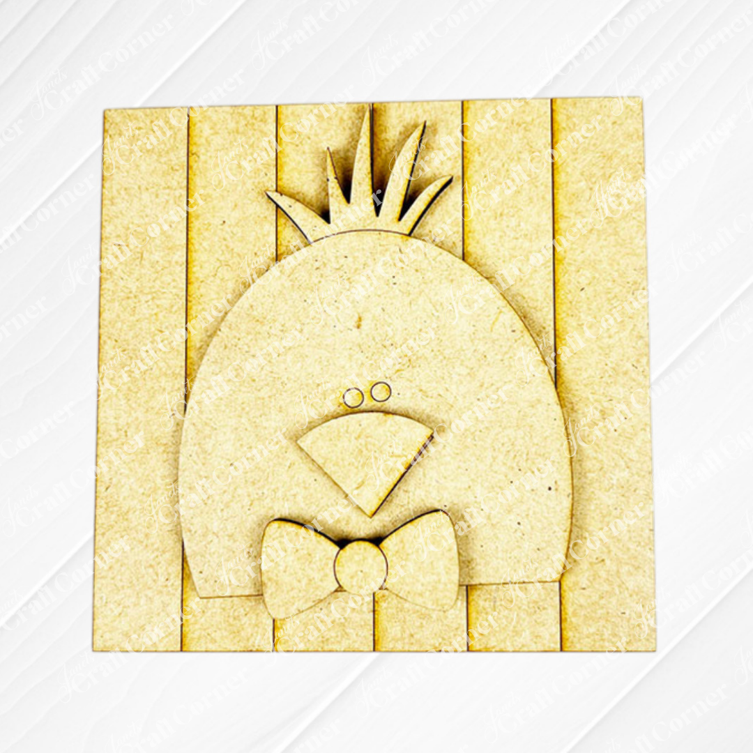 The Hello Easter Squares by Janet's Craft Corner is a laser-cut wooden panel with a simple bird wearing a crown-like crest and bow tie, set on vertical planks and accented with coffee-inspired squares for extra charm.