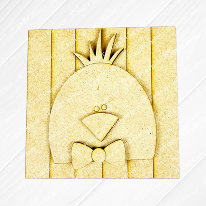 The Hello Easter Squares by Janet's Craft Corner is a laser-cut wooden panel with a simple bird wearing a crown-like crest and bow tie, set on vertical planks and accented with coffee-inspired squares for extra charm.