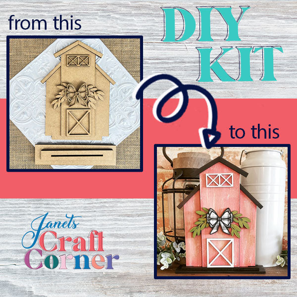 An image of a DIY kit features the Rustic Barn Shelf Sitter, showing an unpainted wooden barn on the left and a beautifully crafted farmhouse design on the right. The phrase "From this to this DIY Kit" is displayed with an arrow connecting the unpainted barn to its painted version, while Janet's Craft Corner logo is prominently shown at the bottom.