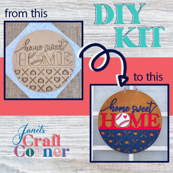 Elevate your home decor with Janet's Craft Corner's DIY kit, "Baseball Home Sweet Home Round." On the left, a simple wooden baseball door hanger with "Home Sweet Home" inscribed invites your artistic vision. On the right, it comes to life with striking blue and red colors and sporty accents set against a warm wooden backdrop.