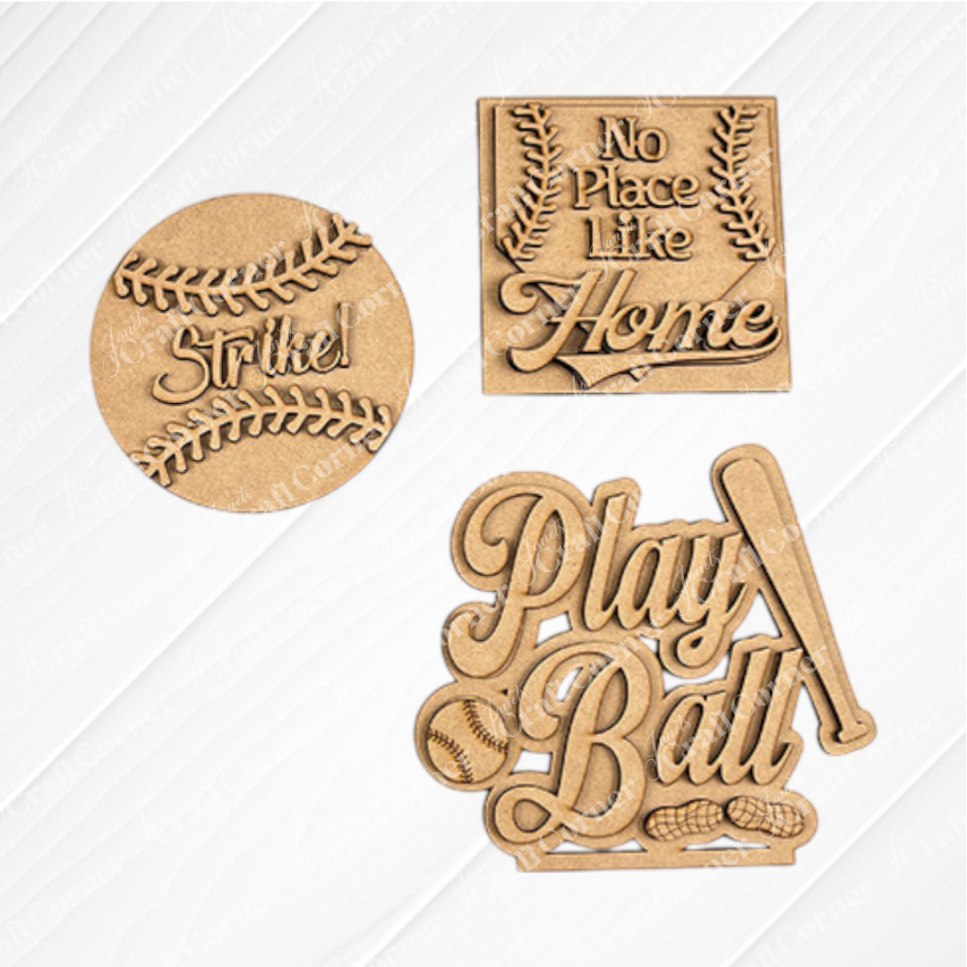 Baseball Mini Shelf Sitters by Janet's Craft Corner: DIY seasonal home decor craft kit with wooden baseball-themed cutouts, featuring "Strike" ball, "No Place Like Home" sign, and "Play Ball" with bats, ball  and peanuts. Perfect for DIY enthusiasts.