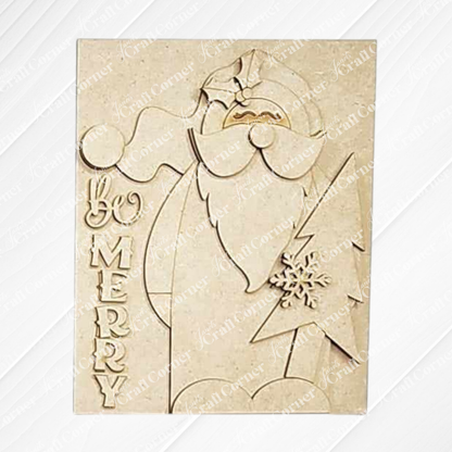 The Be Merry Farmhouse Sign from Janet's Craft Corner is a delightful wooden cut-out featuring a cheerful Santa Claus with a hat and long beard, holding a Christmas tree adorned with a snowflake ornament. The words "Be MERRY" are vertically displayed on the left side, making it ideal for interchangeable home decor.