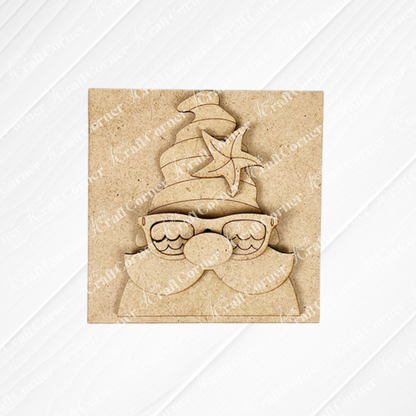 The Summer Lovin Swappable Squares DIY kit by Janet's Craft Corner features a laser-cut wooden ornament of Santa with sunglasses, wavy hat, and starfish—perfect decor for trays or to swap in your Swappable Squares collection.
