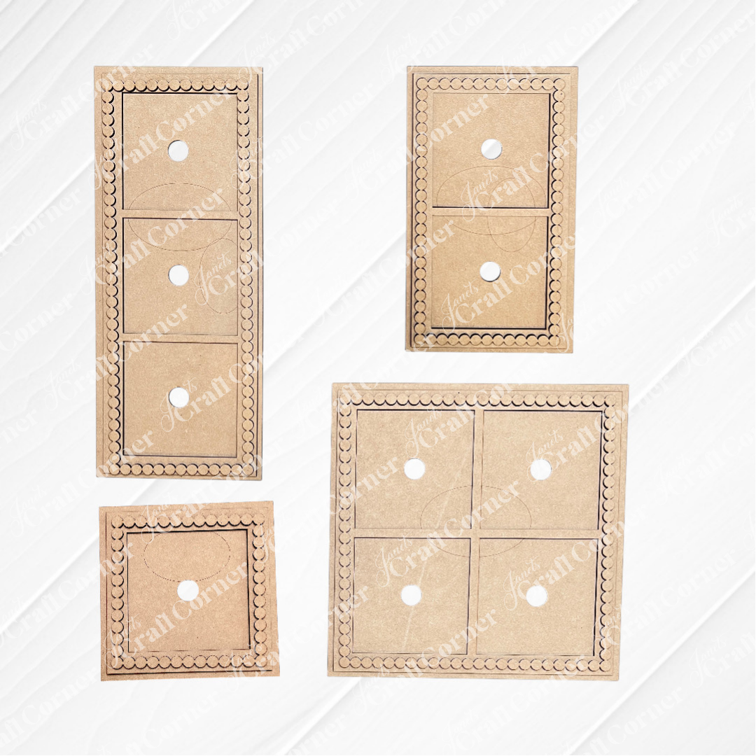 Four Heartland Bead Trim Swappable Squares Frames with scalloped edges, rectangular cutouts, and a center hole are arranged on a white patterned background—ideal for DIY craft kits.