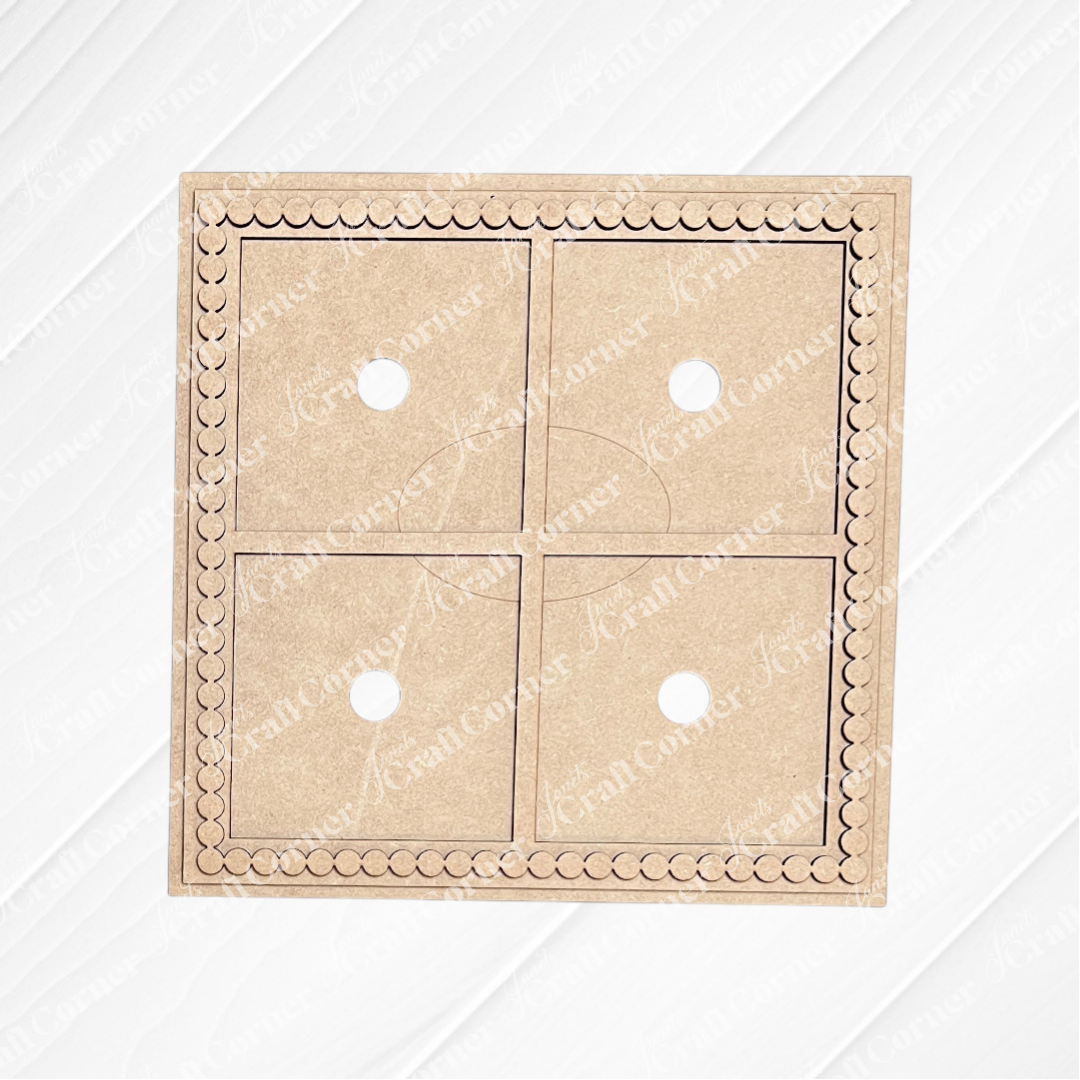 A square piece of brown cardboard from Heartland’s Bead Trim Swappable Squares Frame, featuring four equal sections with center circles, scalloped edges like bead trim, and displayed on a white background with diagonal lines.