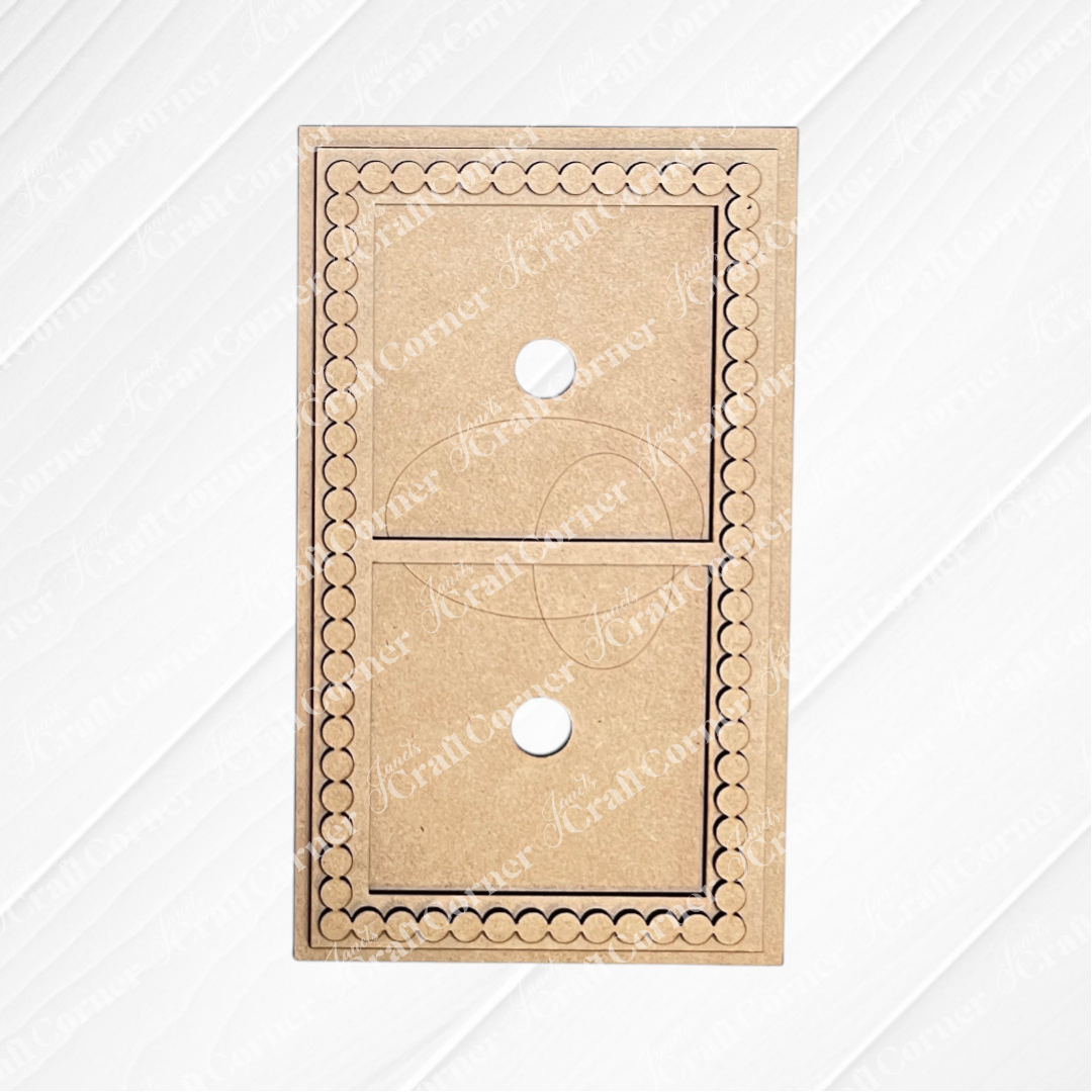 Heartland Bead Trim Swappable Squares Frame: Laser-cut MDF switchboard plate with two rectangular sections, each with a central circular hole, decorative border, and bead trim—perfect for DIY craft kits—on a white textured background.