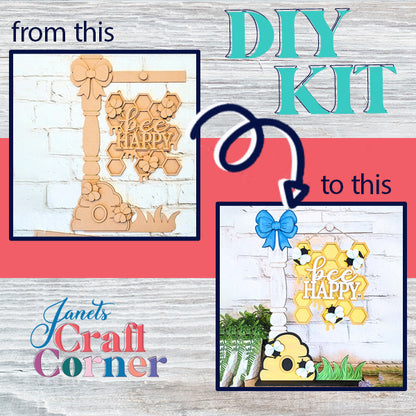 Explore the delightful Bee Happy Street Post kit from Janet's Craft Corner, an ideal choice for home decor lovers. Transform plain wood cutouts into a beautiful bee-themed artwork using pastel paints, a blue bow, and buzzing bees, and finish your creation with the inspiring "Bee Happy" phrase.