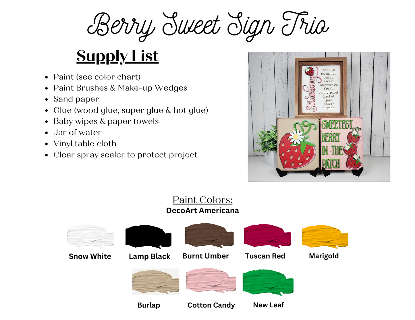 A listing of the supplies needed to complete the Berry Sweet Switchable Farmhouse Sign DIY kits from Janet's Craft Corner. The listing includes the DecoArt Americana paint colors used on the sample signs.