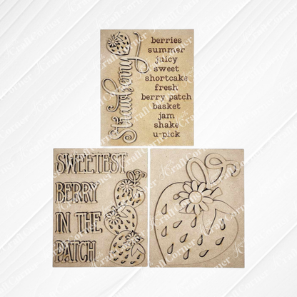Janet's Craft Corner’s Berry Sweet Switchable Farmhouse Signs – Summer DIY Craft Kit offers a choice of 3 wooden plaques with strawberry motifs, perfect for charming summer décor or as customizable farmhouse signs.