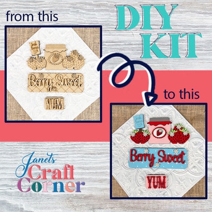 Elevate your space with the Berry Sweet Interchangeable Insert DIY home decor kit from Janet's Craft Corner. Begin with simple wooden hexagon pieces and transform them into vibrant farmhouse décor by painting them in red, blue, and green tones. Ideal for creating versatile home decorations that complement any season!