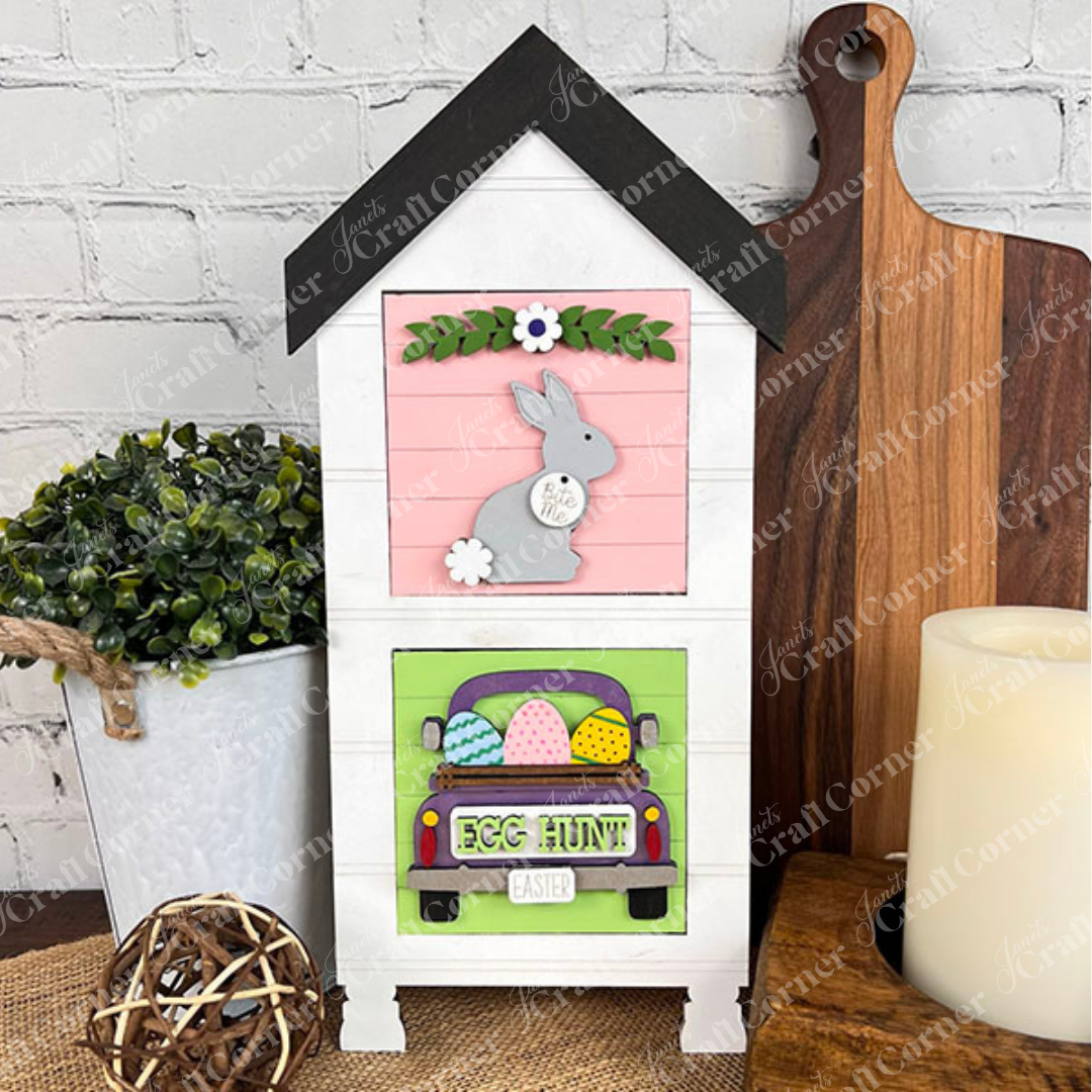 Janet's Craft Corner Easter Bunny Squares feature a decorative wooden house with a gray bunny, flowers, and a green truck with Easter eggs—perfect for tiered tray decor or Swappable Square Displays.