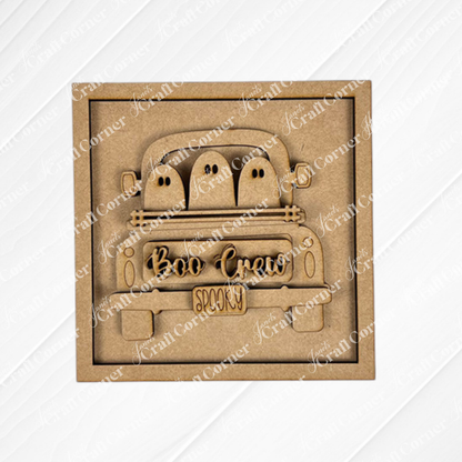 Janet's Craft Corner's Halloween Squares features three cartoon ghosts in a vintage truck with a "Boo Crew" sign and "Spooky" tag, all in a square frame—perfect tiered tray decor.