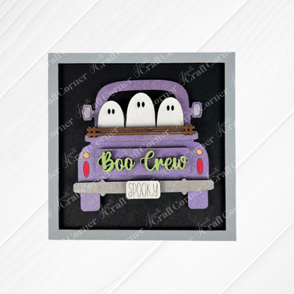 Halloween Squares by Janet's Craft Corner features a framed illustration of a purple truck with three cartoon ghosts, "Boo Crew" on the tailgate, and a "Spooky" plate—all on a black background. Perfect for tiered tray decor!.