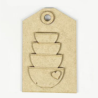 Introducing Janet's Craft Corner's Baking - Tiered Tray Kit: This charming wooden tag is perfect for your tiered tray setup, featuring four intricately engraved, stacked bowls highlighted by a small heart on the bottom bowl. Ideal for complementing farmhouse decor, it also includes a convenient hole at the top for easy hanging.