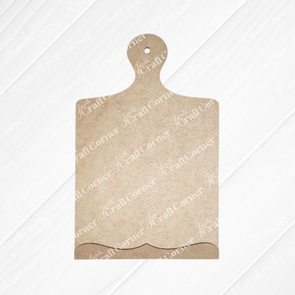 The Breadboard Sign Holder Shelf Sitter by Janet's Craft Corner, a DIY home decor craft kit, features a blank wooden board with a decorative edge and handle—a perfect farmhouse-style accent for your kitchen.