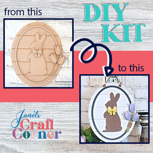 Turn a simple wooden bunny cutout into a captivating Easter decoration. This DIY kit, offered by Janet's Craft Corner, includes instructions for painting a white frame adorned with colorful flowers and a bright yellow bow. Enhance your home with this delightful Bunny and Tulips Sign.