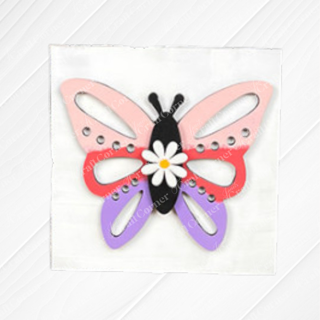 Hello Spring Squares by Janet's Craft Corner features a vibrant butterfly with pink, red, and purple wings, black body, and a daisy on a white background—perfect wood cut-outs for Swappable Squares or tiered tray decor.