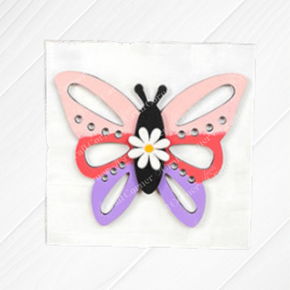 Hello Spring Squares by Janet's Craft Corner features a vibrant butterfly with pink, red, and purple wings, black body, and a daisy on a white background—perfect wood cut-outs for Swappable Squares or tiered tray decor.