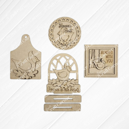 Introducing the Cardinal Decor Set from Janet’s Craft Corner—a DIY home decor craft kit with a choice of 4 decorative wooden plaques. Each plaque features birds, flowers, and heartfelt phrases like “Always With You” and “Forever in our hearts” on neutral backgrounds. With unique shapes and intricate cut-out designs, these plaques are the perfect memorial keepsake or charming addition to your home decor projects.