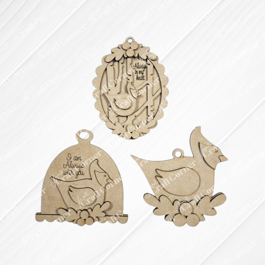 From Janet’s Craft Corner, the Cardinal Ornaments DIY holiday craft kit offers a choice of three decorative cut-out wooden memorial ornaments featuring birds and flowers. One ornament is inscribed with “Always in my heart,” another with “I am always with you,” and the third features a plain bird silhouette on a floral base—perfect for those seeking a unique touch or wanting to personalize their own cardinal ornament.