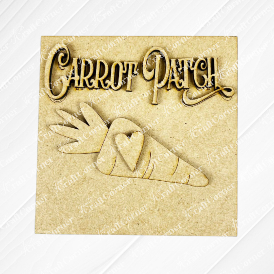The Easter Bunny Squares by Janet's Craft Corner feature "Carrot Patch" text above a carrot with a heart, perfect for tiered trays or Swappable Square Displays, showcased on a light wood background.
