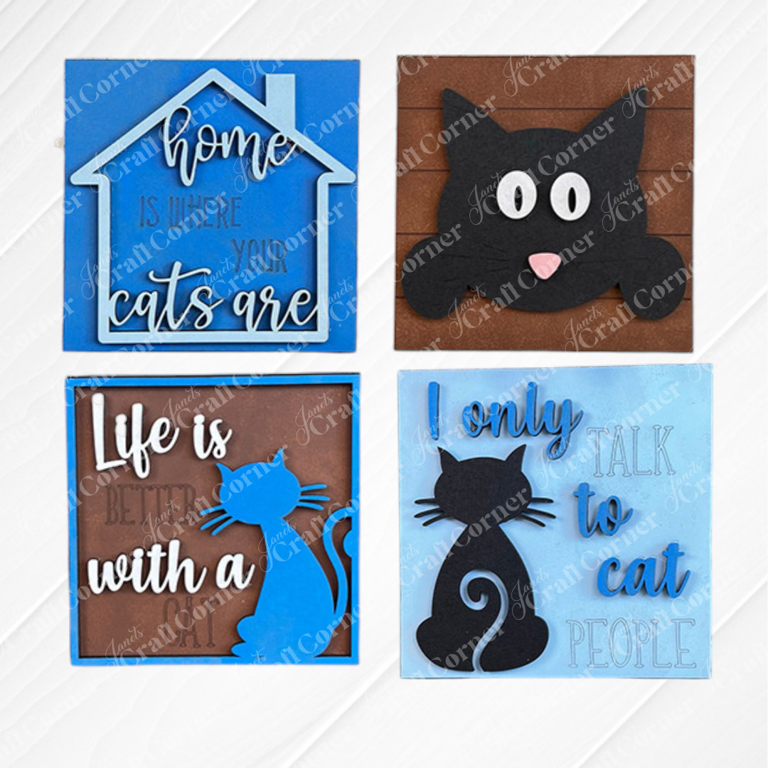 Janet's Craft Corner Cat Swappable Squares are four blue and brown coasters with cat designs and sayings like “Home is where your cats are.” Perfect DIY seasonal decor for small spaces.