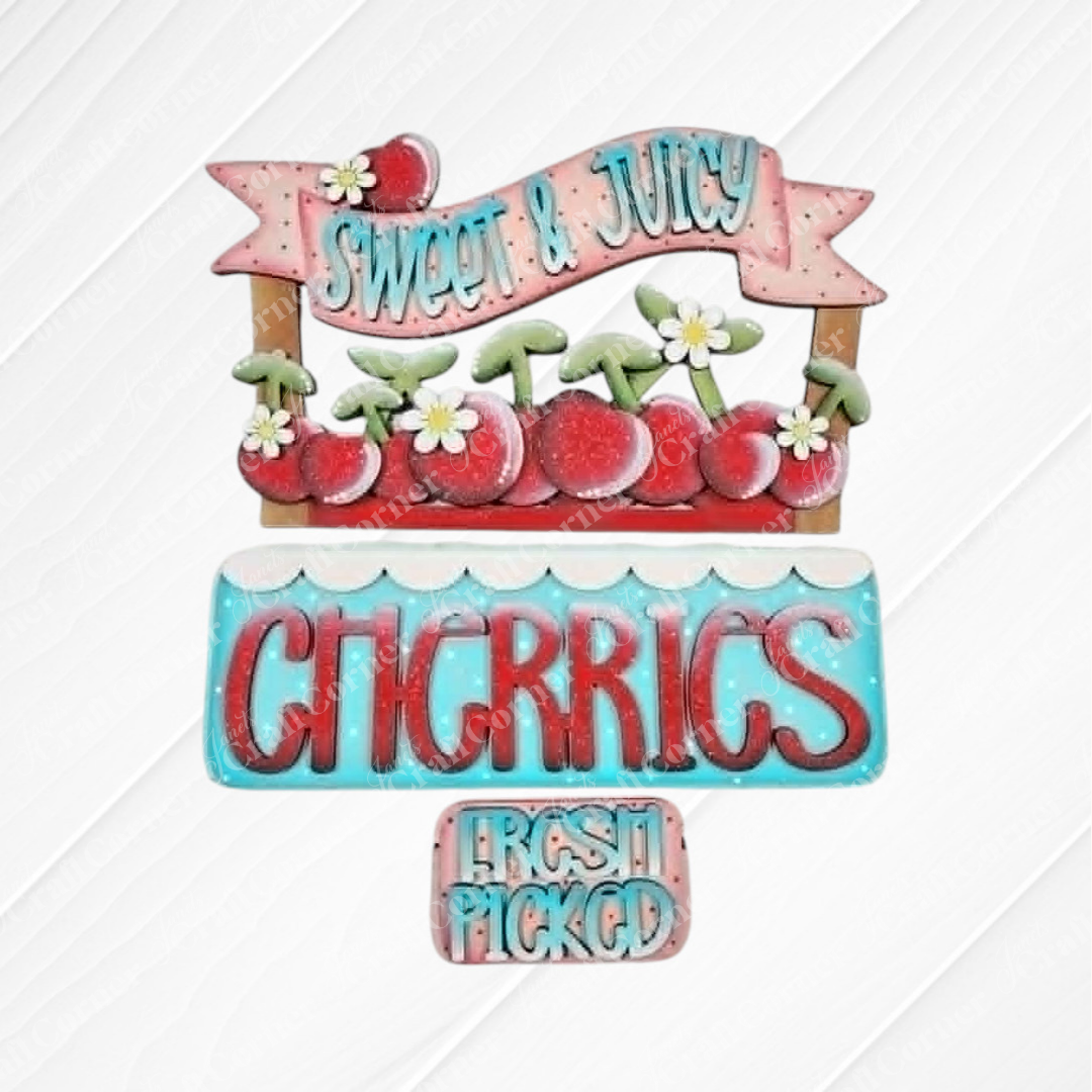 Add a pop of color with Janet's Craft Corner Cherries Insert, featuring cherries, flowers, and pastel colors. Use it as DIY seasonal decor or an interchangeable insert for your wood craft kit. Text: "Sweet & Juicy," "Cherries," "Fresh Picked.