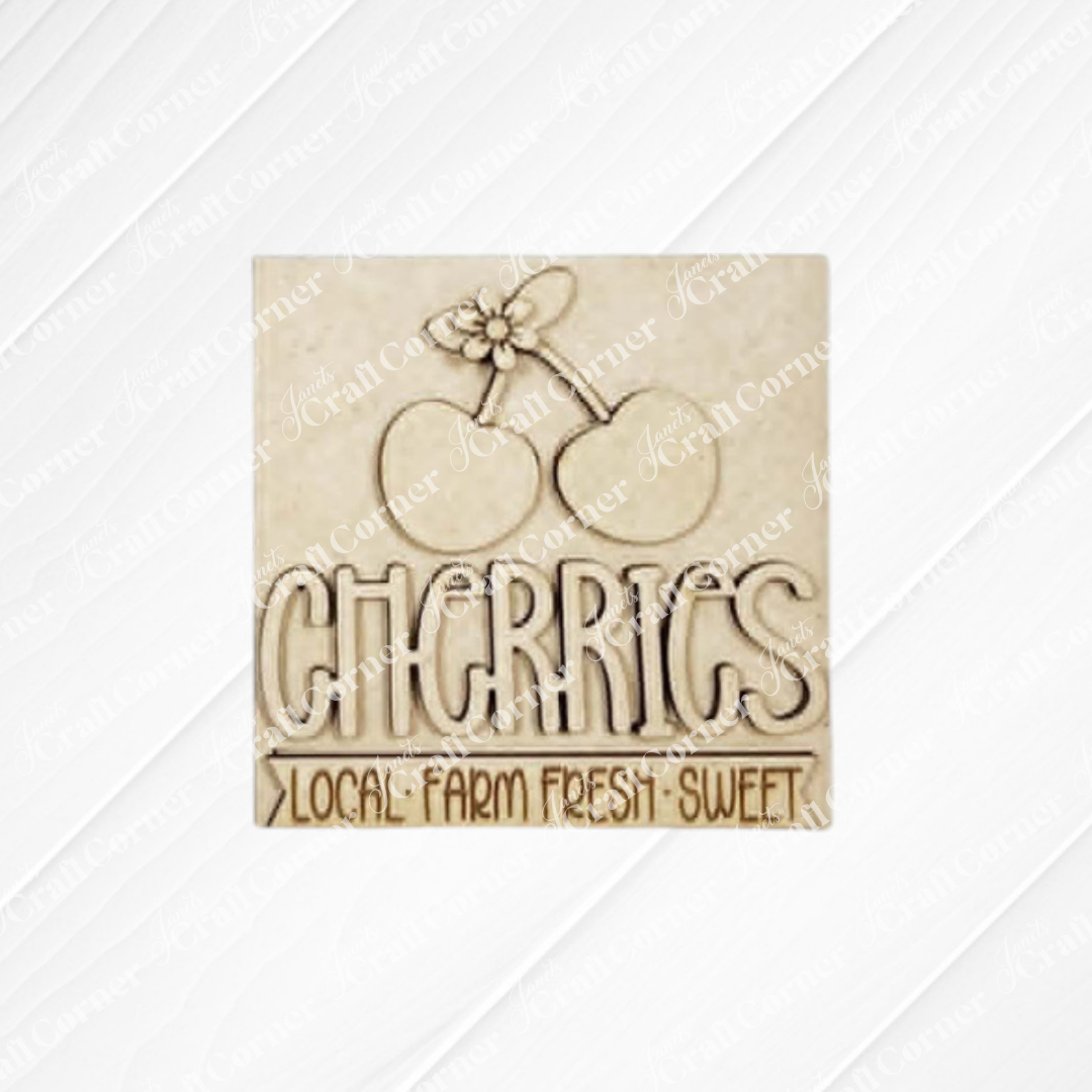 The Cherry Squares DIY seasonal home decor craft kit by Janet's Craft Corner features wooden cut-outs with engraved cherries and "CHERRIES"—perfect for tiered tray decor or adding to your collection of wood accents.