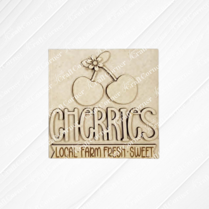 The Cherry Squares DIY seasonal home decor craft kit by Janet's Craft Corner features wooden cut-outs with engraved cherries and "CHERRIES"—perfect for tiered tray decor or adding to your collection of wood accents.
