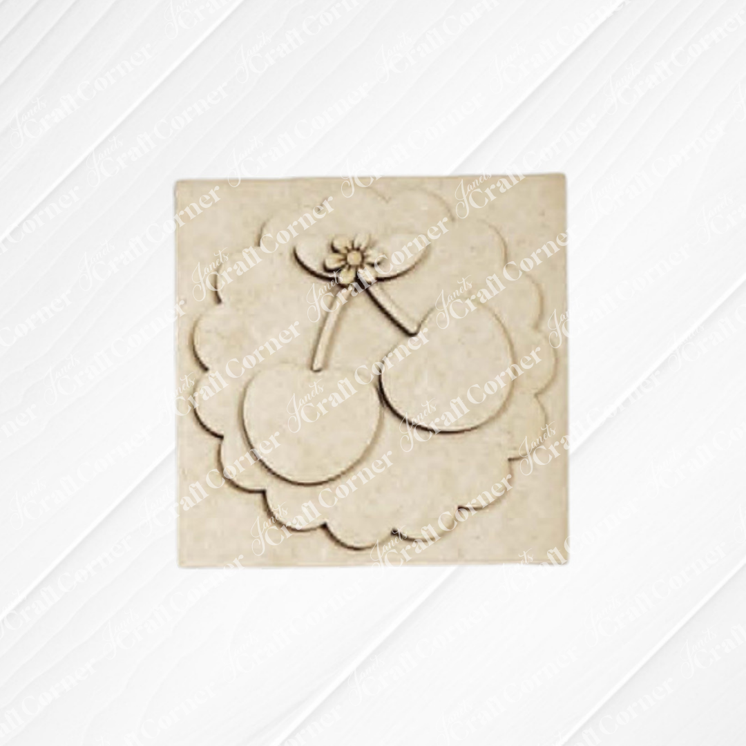 Cherry Squares by Janet's Craft Corner: a DIY seasonal home decor craft kit featuring a square embellishment with two cherries, leaves, and a flower on a scalloped background—perfect for tiered tray decor.