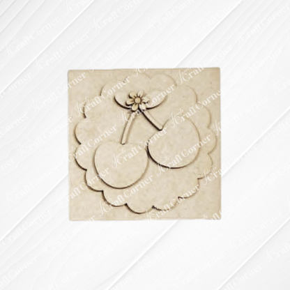 Cherry Squares by Janet's Craft Corner: a DIY seasonal home decor craft kit featuring a square embellishment with two cherries, leaves, and a flower on a scalloped background—perfect for tiered tray decor.