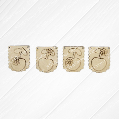 The Cherry Decor Set by Janet's Craft Corner features four beige wooden tags with engraved fruit and flower designs—ideal for farmhouse accents or a DIY home decor kit.