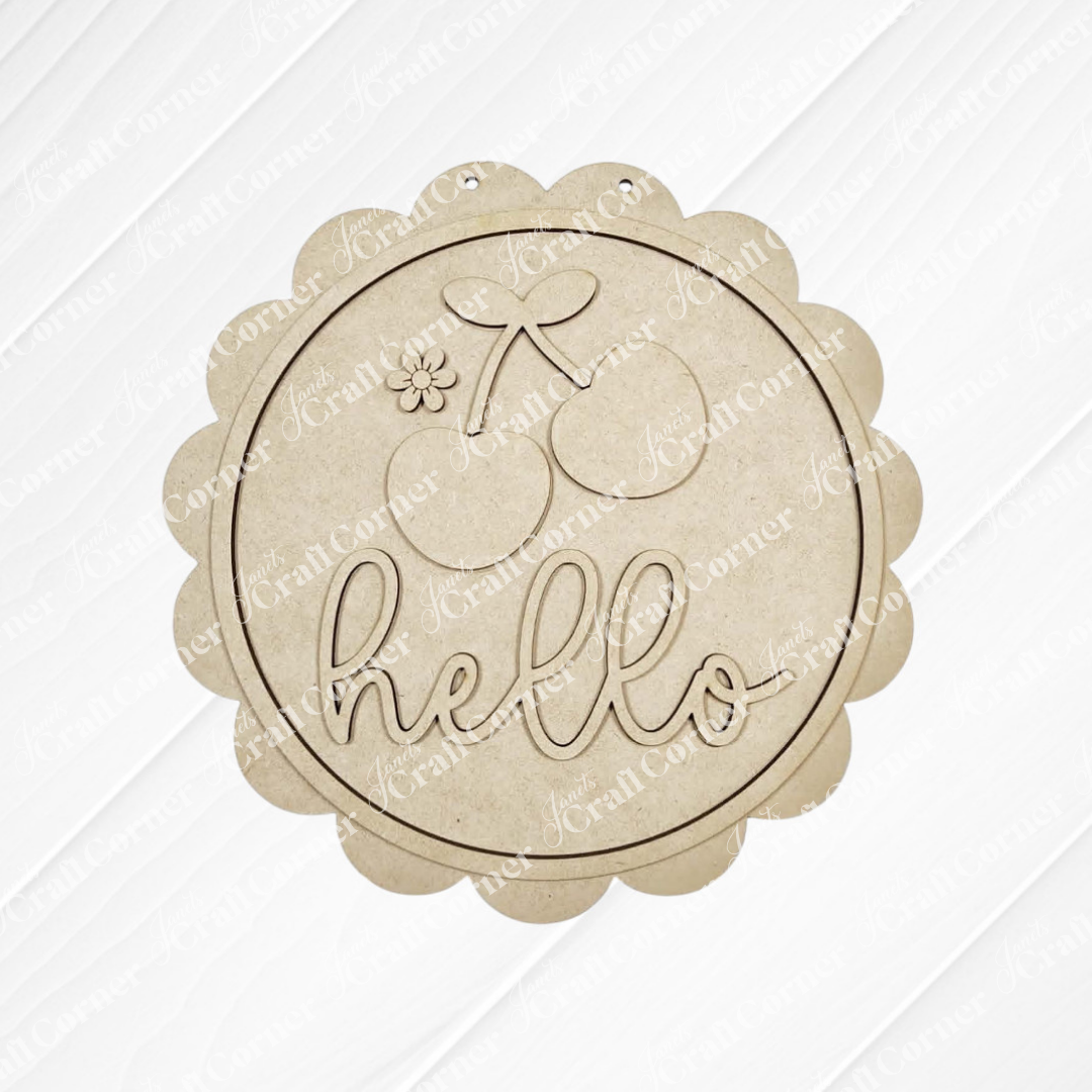 Janet's Craft Corner Cherry Hello Scallop Door/Wall Hanger is an unfinished wood DIY kit featuring engraved cherries, a flower, and “hello” in cursive—perfect for seasonal or farmhouse home decor. Set of 1.