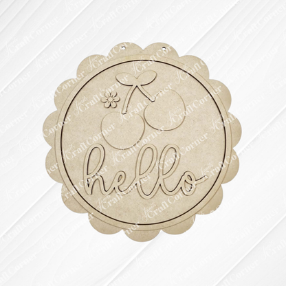Janet's Craft Corner Cherry Hello Scallop Door/Wall Hanger is an unfinished wood DIY kit featuring engraved cherries, a flower, and “hello” in cursive—perfect for seasonal or farmhouse home decor. Set of 1.