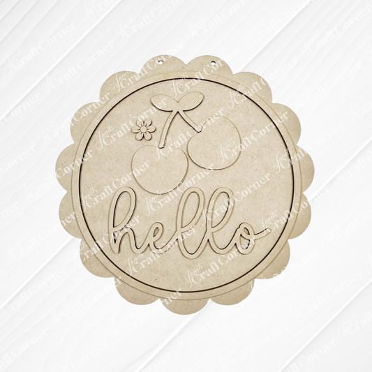 Janet's Craft Corner Cherry Hello Scallop Door/Wall Hanger is an unfinished wood DIY kit featuring engraved cherries, a flower, and “hello” in cursive—perfect for seasonal or farmhouse home decor. Set of 1.