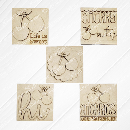 Janet's Craft Corner Cherry Squares DIY kit includes 5 beige, cherry-themed Swappable Squares with designs like "Life is Sweet," "Cherry on top," "hi," a local-fresh-sweet motif, and a cherry illustration—perfect for tiered tray decor.