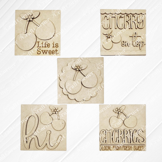 Janet's Craft Corner Cherry Squares DIY kit includes 5 beige, cherry-themed Swappable Squares with designs like "Life is Sweet," "Cherry on top," "hi," a local-fresh-sweet motif, and a cherry illustration—perfect for tiered tray decor.