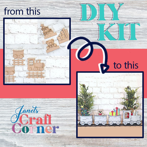 A DIY kit features a "before and after" transformation. On the left, wooden cutouts of the Train Shelf Sitter with Christmas Inserts are displayed. On the right, a finished painted train filled with plants and holiday decor is showcased. The text reads "Janet's Craft Corner.