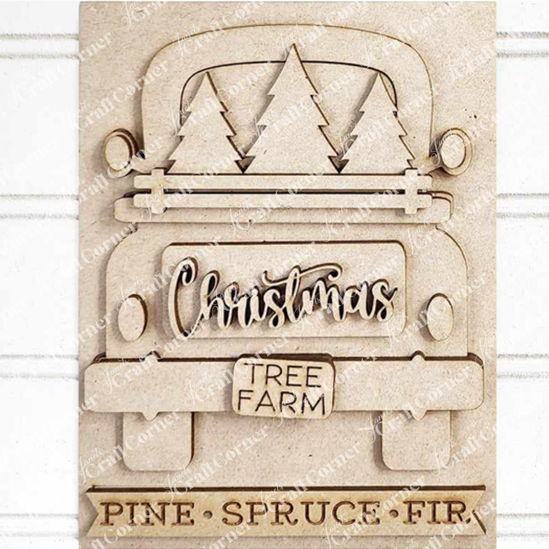 Hand-painted wooden cutout from Janet's Craft Corner, featuring a vintage truck carrying three Christmas trees. This DIY home decor craft kit is ideal with its script "Christmas" detail and "Tree Farm" sign, plus the bottom reads: Pine • Spruce • Fir. Perfect as a Christmas Truck Switchable Farmhouse Sign.