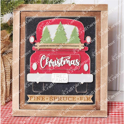 Add a festive crafted touch to your home with the Christmas Truck Switchable Farmhouse Sign by Janet's Craft Corner. This DIY craft kit features a hand-painted red Christmas truck carrying green trees. The truck is adorned with a "Christmas Tree Farm" sign, and below it, on a wooden plank, are the words "Pine," "Spruce," and "Fir," all set against a sparkling black background—perfect for your seasonal DIY home decor projects!